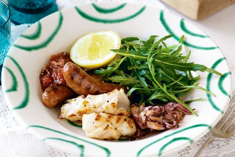 Barbecued Squid and Chipolata Sausages with Spicy Tomato Relish