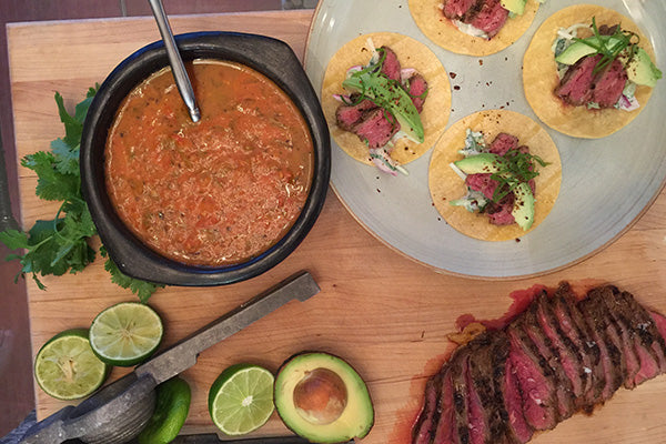 Flank Steak Tacos with Chayote and Pickled Onion Slaw, Avocado, Charred Habanero Salsa