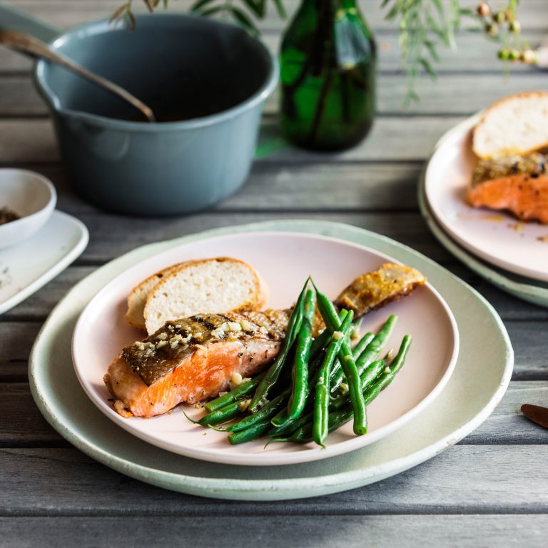 Grilled Ocean Trout with Green Beans and Lime & Pepper Butter