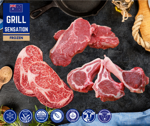 FROZEN - Grill Sensation: 2 x 400gm Rib Eye Steaks, 2 x 400gm Sirloin Steaks, 2packs 4 x 80-100gm Lamb loin chops