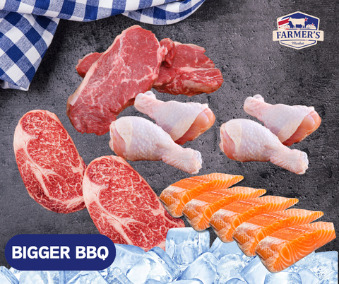 FROZEN - Bigger BBQ: 2 x 300gm Rib Eye Steaks, 2 x 300gm Sirloin Steaks , 1 pack x Portion of 5 Salmon, 1 x Pack Chicken Drumsticks