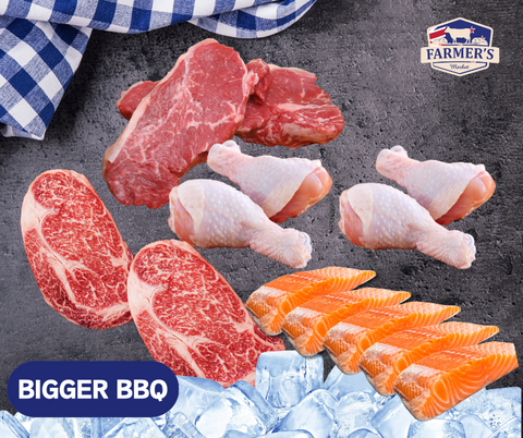 FROZEN - Bigger BBQ:  2 x 300gm Rib Eye Steaks, 2 x 300gm Sirloin Steaks , 1 pack x Portion of 5 Salmon, 1 x Pack Chicken Drumsticks