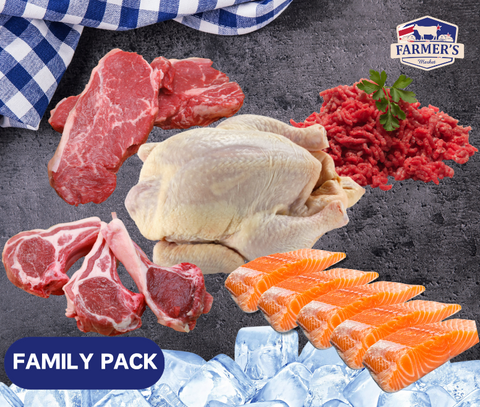 FROZEN - Family Pack: 1kg x Striploin, 4 x fillet Salmon, 1 x NZ Whole Chicken, 2packs 4 x 80-100gm Lamb loin chops