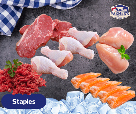 FROZEN - Staples Upgraded: 2 x 250gm Beef Mince, 1 x beef striploin 400gm., 1 x packet Chicken Drumsticks, 1 x 700gm Chicken Breasts, 1 x Portioned 5 Salmon