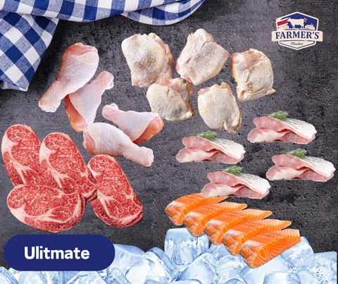 FROZEN - Ultimate: 1 x Portion 5 Salmon Portions, 4 x Barramundi fillets, 4 x 300gm Rib Eye Steaks, 1 x Packet Chicken Drumsticks, 1 x packet Chicken Thigh