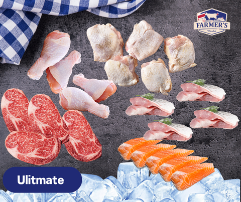 FROZEN - Ultimate:  1 x Portion 5 Salmon Portions, 4 x Barramundi fillets, 4 x 300gm Rib Eye Steaks, 1 x Packet Chicken Drumsticks, 1 x packet Chicken Thigh