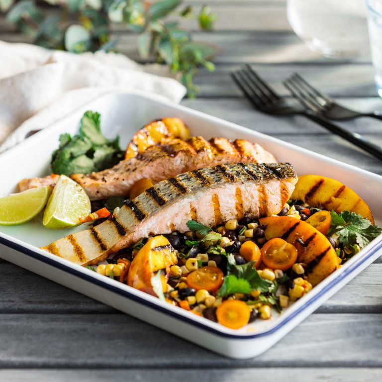 BBQ Huon Salmon with Grilled Peach, Black Bean and Corn Salad