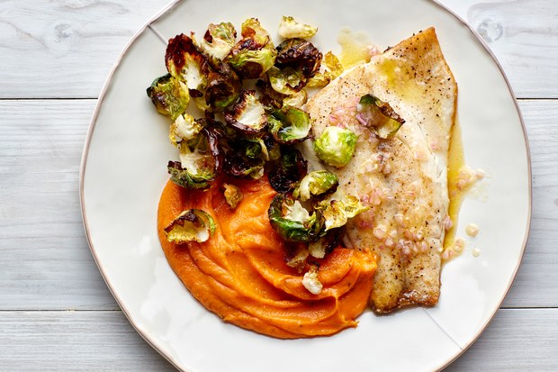 Barramundi Fillets with Roasted Sweet Potatoes and Brussels Sprout Chips