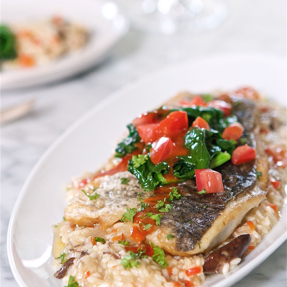 Battle Barramundi Sauteed Barramundi with Vegetable Risotto and Tomato Wine Sauce