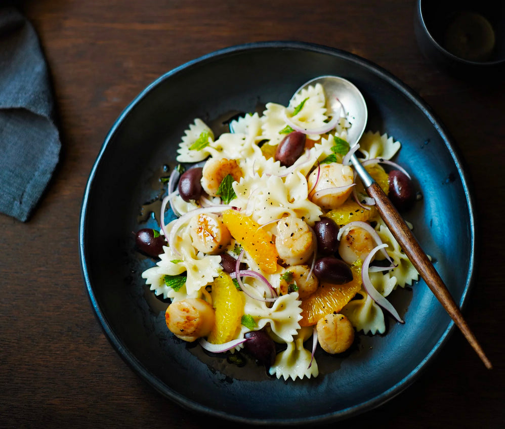 Bow-Tie Salad with Scallops, Black Olives, Oranges, and Mint