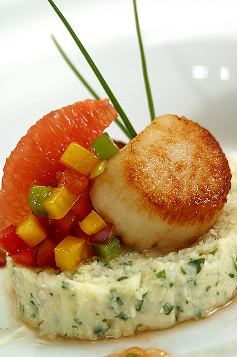Brandade with Seared Scallops and a Grapefruit Relish