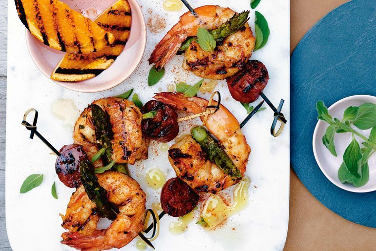 Chargrilled Prawn and Asparagus Skewers with Burnt Orange