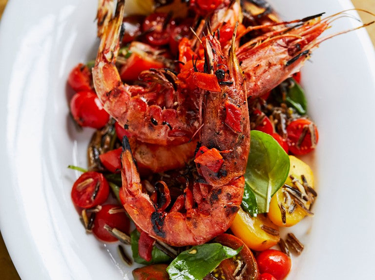 Chargrilled Tiger Prawns, Black Rice and Roast Chilli Salsa