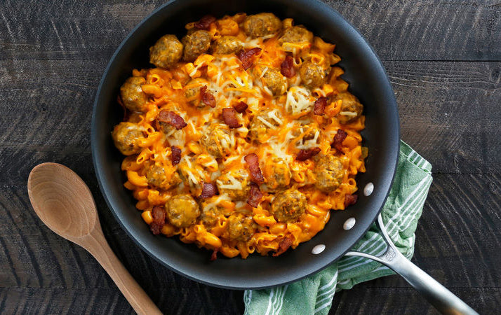 Cheddar Meatball and Pasta Skillet