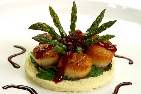 Clearwater Sea Scallops with Cranberry Chutney, Celery Root and Mustard Greens