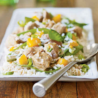 Coconut Curried Pork, Snow Pea, and Mango Stir-Fry