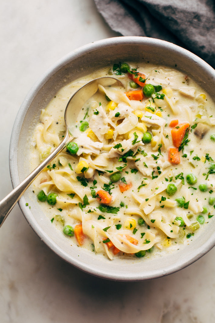 Creamy Cozy Chicken Pot Pie Soup with Egg Noodles
