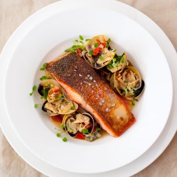 Crispy-skin Ocean Trout with Vongole, Fennel and Tomatoes