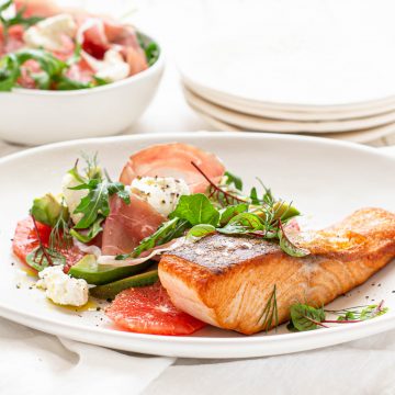 Crispy Skin Huon Salmon with Ruby Grapefruit, Prosciutto and Persian Feta Salad