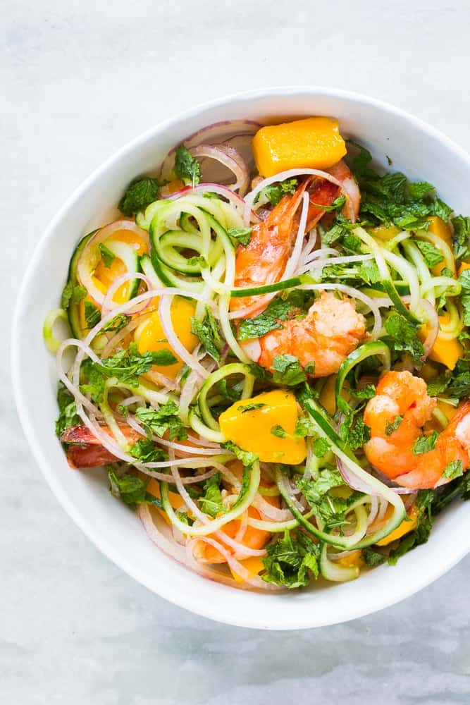 Cucumber Noodle Prawn and Mango Salad