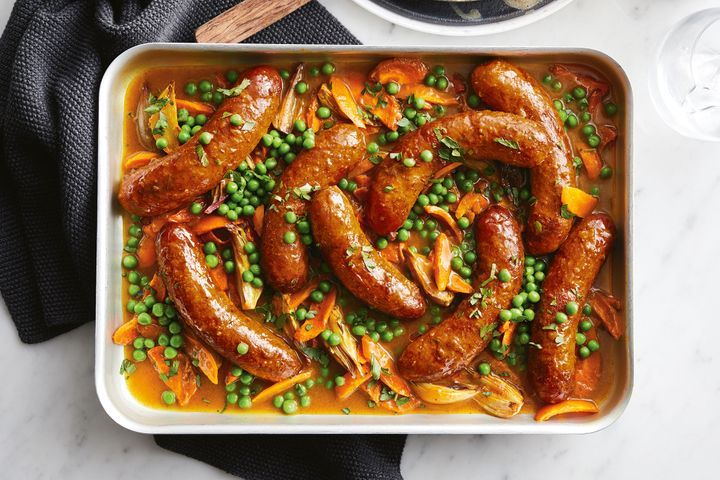 Curried Sausages Tray Bake