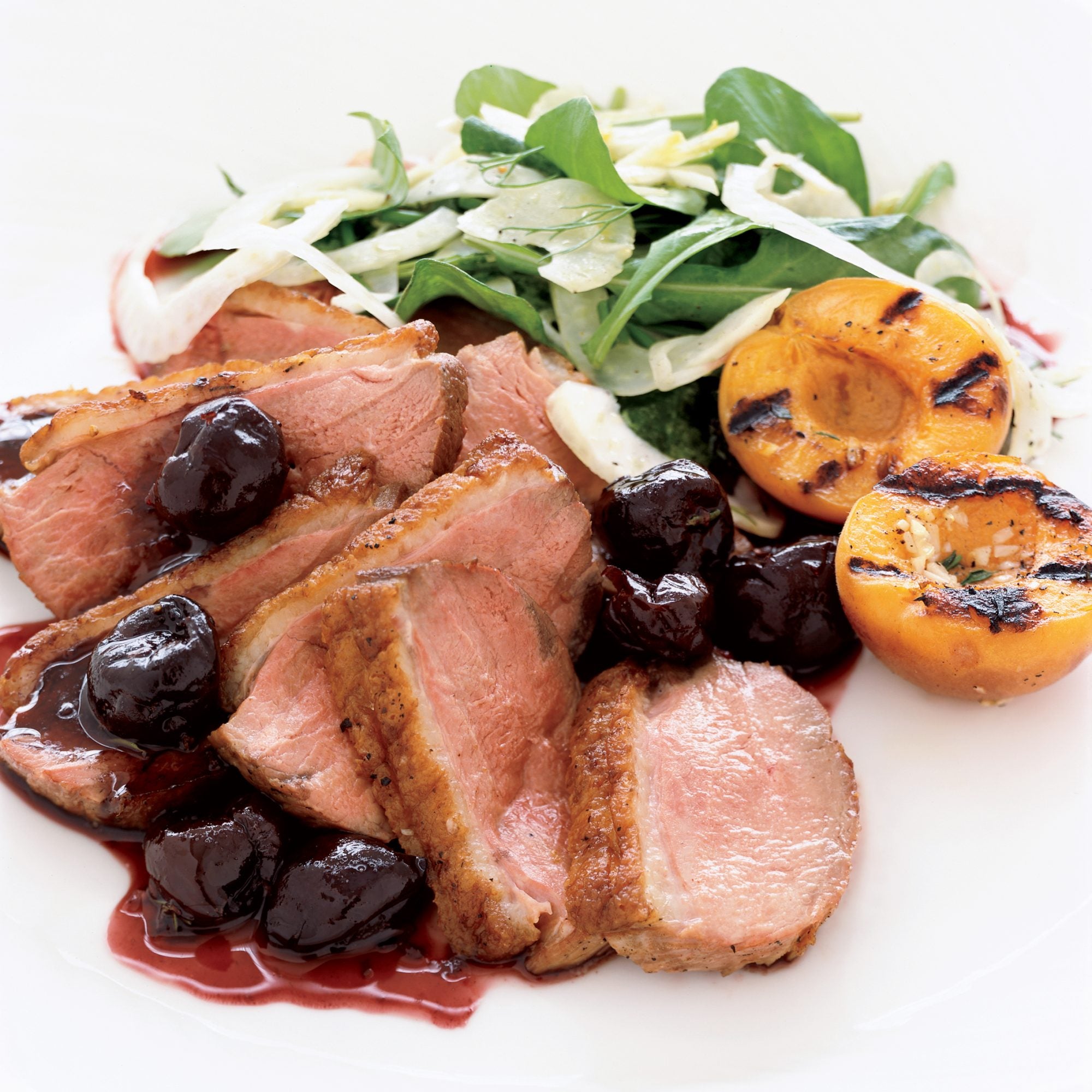 Duck Breast with Fresh Cherry Sauce and Grilled Apricots