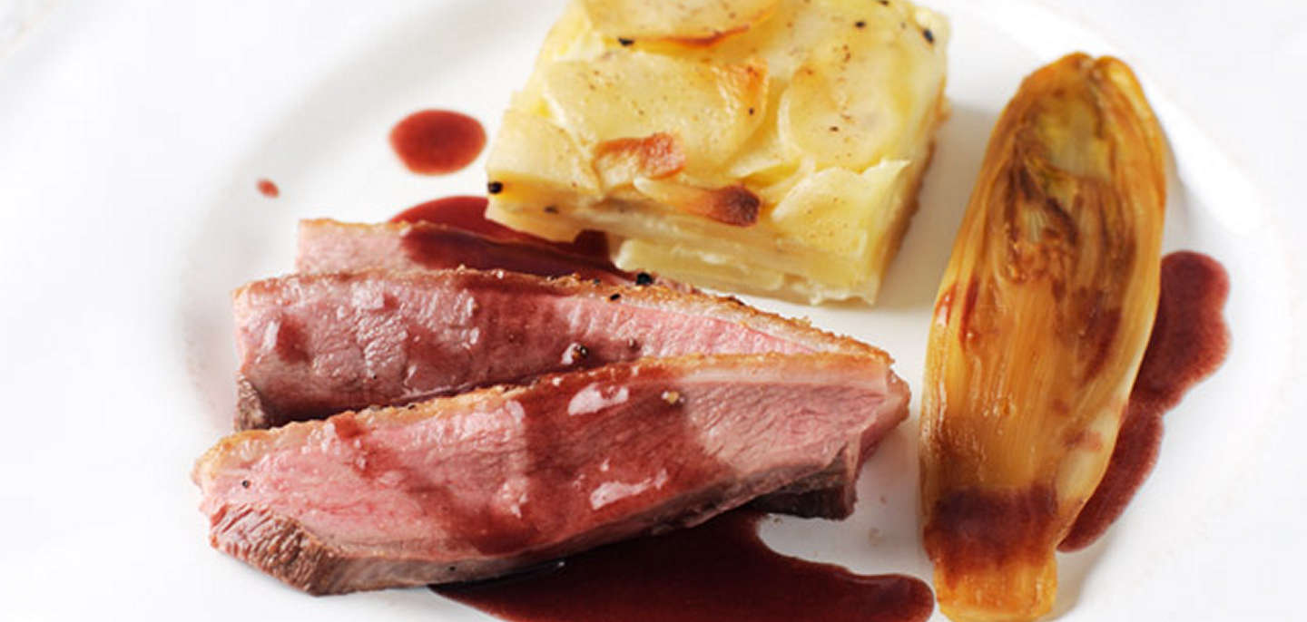 Duck Breast with Potato Dauphinoise & Caramelised Chicory