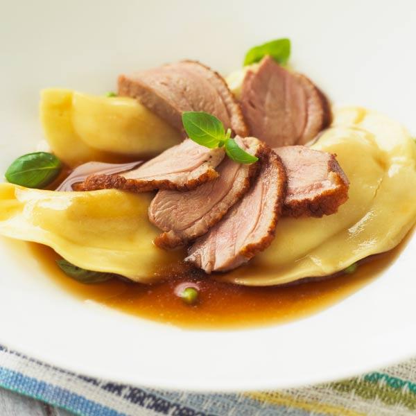 Duck Breast with Ravioli in Duck Broth