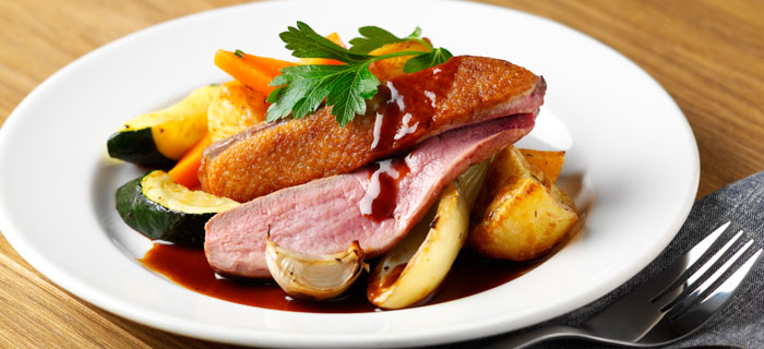Duck Breast with Roasted Vegetables and Redcurrant Gravy