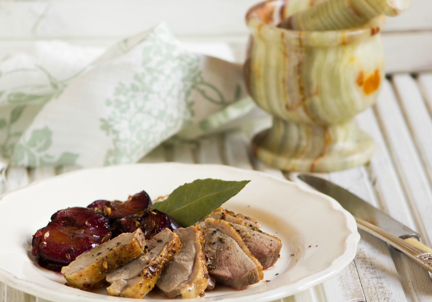 Duck breast with roasted plums, ginger and Szechuan pepper