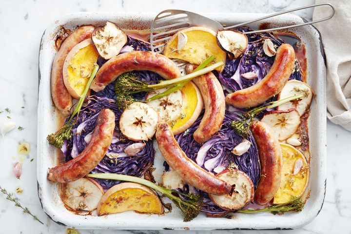 Easy Pork and Fennel Sausage Tray Bake with Apple Cider and Cabbage