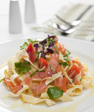 Fettuccine with salsa, Huon Premium Cold Smoked Salmon and almonds