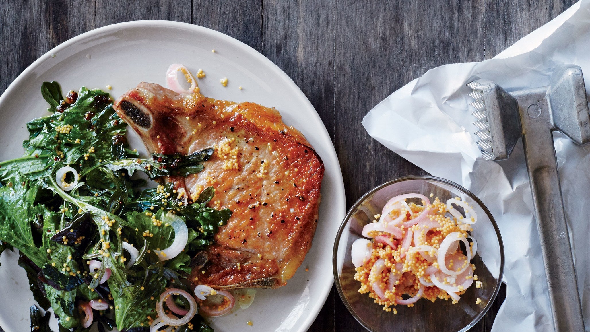 Flattened Pork Chops with Greens and Mustard Pan Sauce