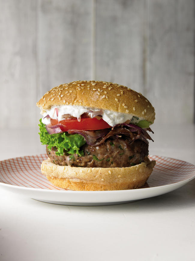 Grass-Fed Beef Burgers with Blue Cheese Sauce