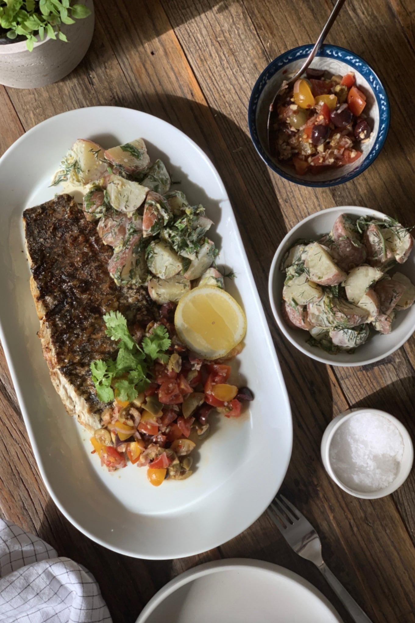 Grilled Barramundi with Olive-Tomato Relish and Creamy Lemony-Mustard Potato Salad
