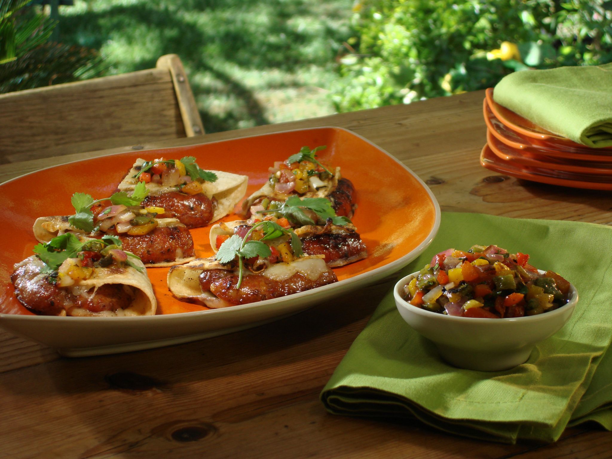 Grilled Hot and Sweet Sausage Tacos with Apricot-Jalapeno Glaze, Grilled Pepper and Red Onion Salsa