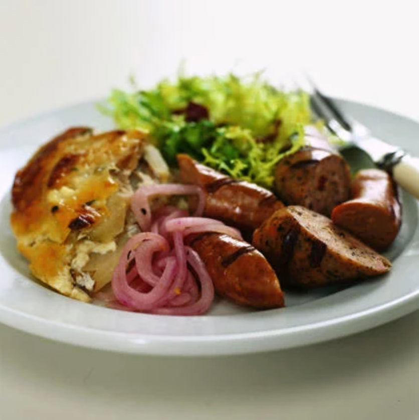 Grilled Sausages with Pickled Onions