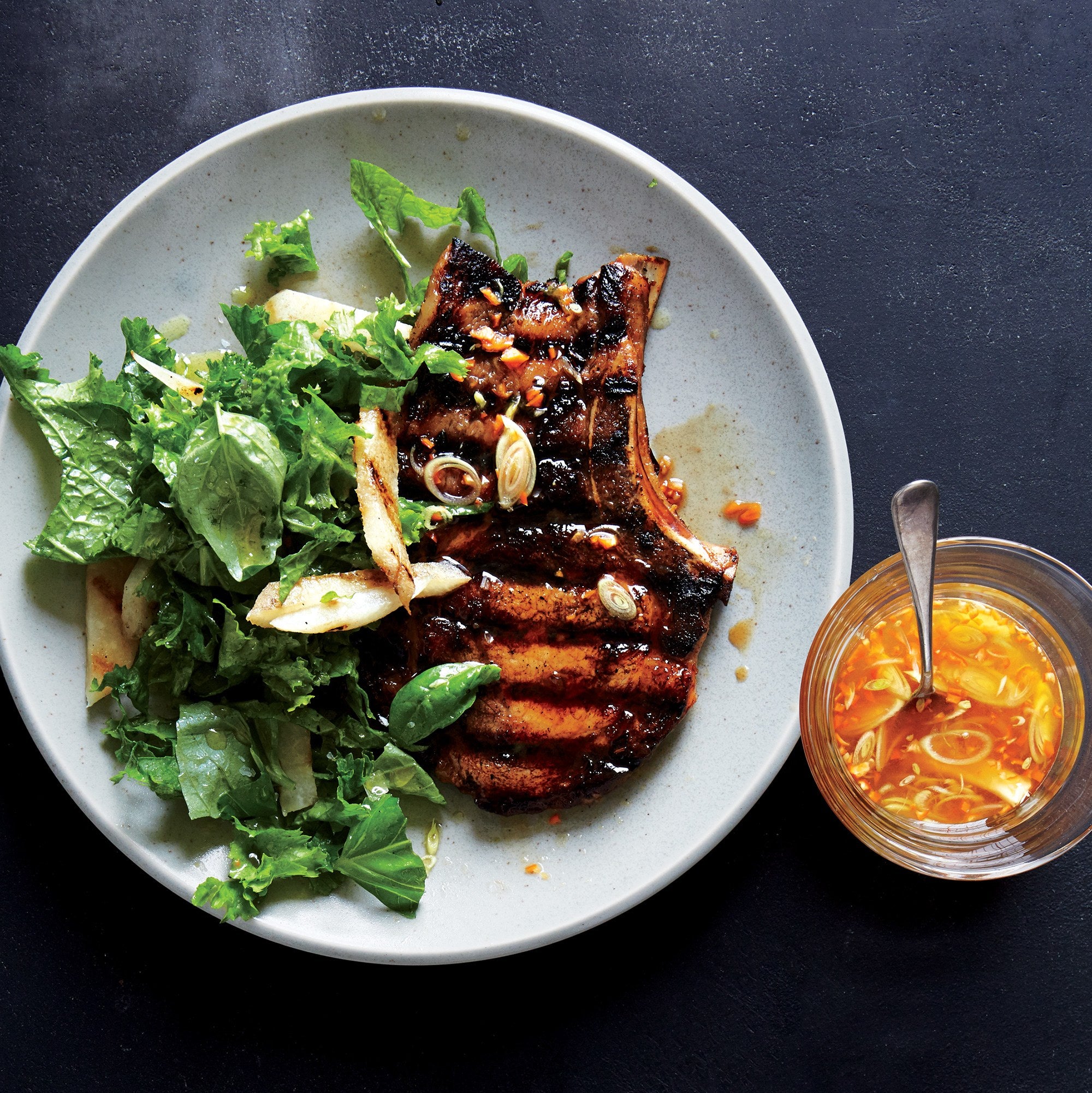 Habanero-Marinated Pork Chops with Mustard Greens Slaw