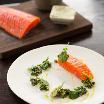 Home cured Huon Ocean Trout, Salsa Verde, Citrus Crème Fraiche