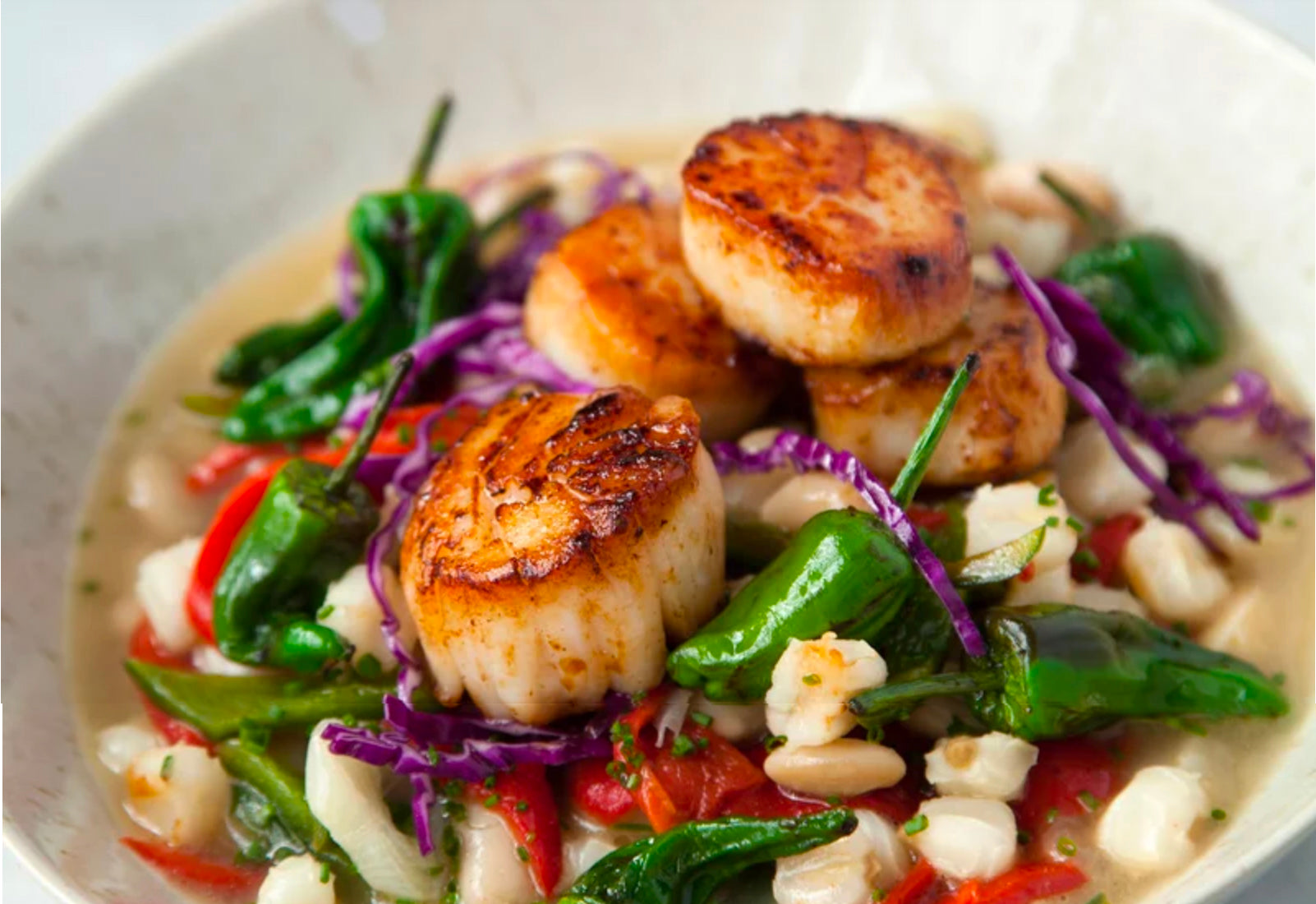 Hominy with Blistered Padron Peppers and Seared Scallops