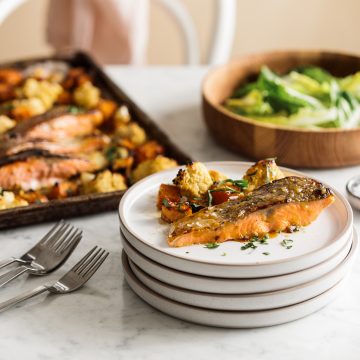 Honey Mustard Roasted Salmon with Sweet Potato & Cauliflower