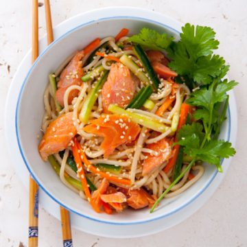 Hot Smoked Ocean Trout and Ramen Noodle Salad with Carrot, Daikon and Soy Dressing