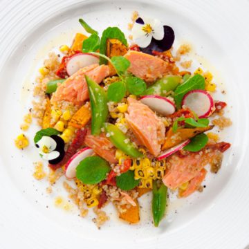 Hot Smoked Ocean Trout with quinoa, grilled corn, sugar snaps, mint and roasted pumpkin