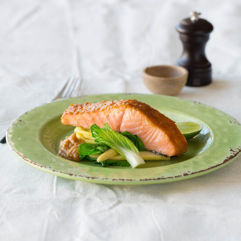 Huon Salmon with Red Miso, Lime, Egg Noodles & Asian Greens