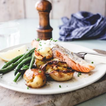 Huon Salmon with crispy smashed potatoes