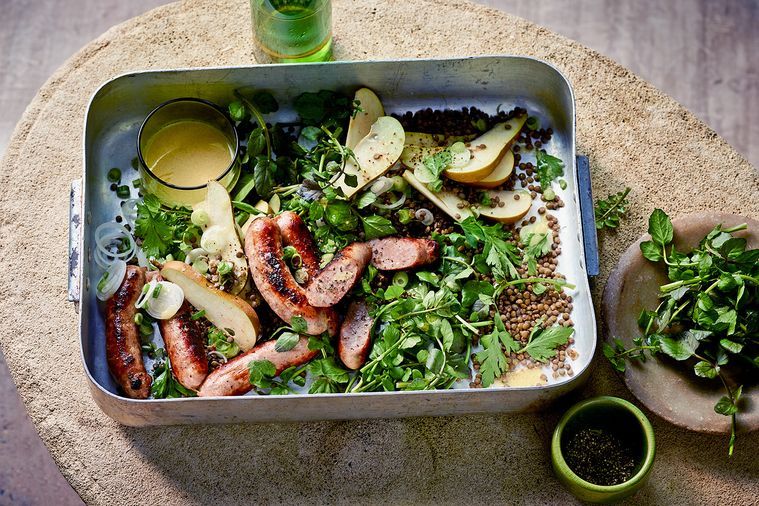 Italian Sausage, Pear, Lentil and Watercress Salad