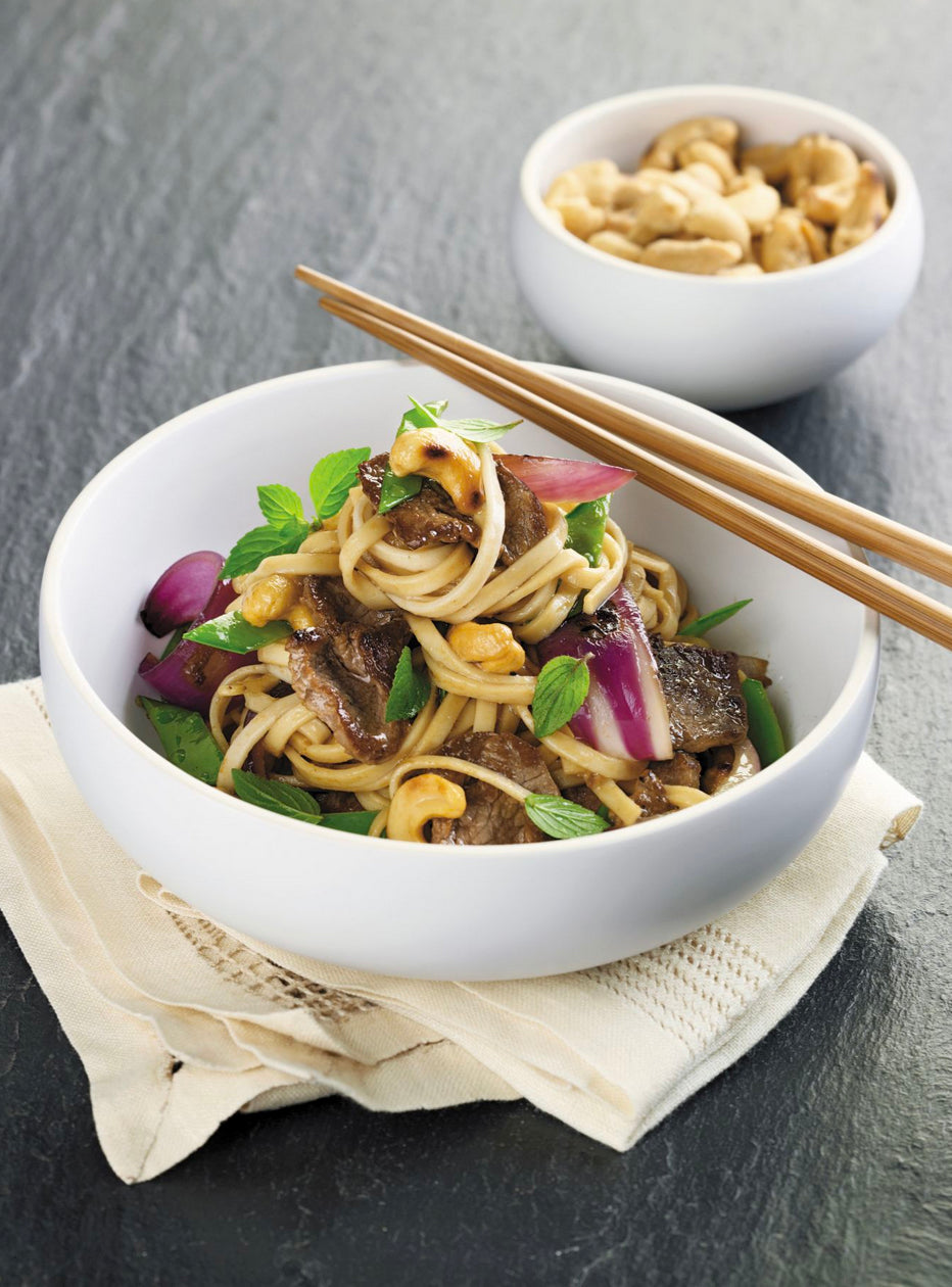 Lamb with Singapore Noodles, Snow Peas and Cashews (eye of loin)