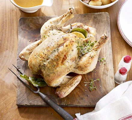 Lemon & thyme butter-basted roast chicken & gravy