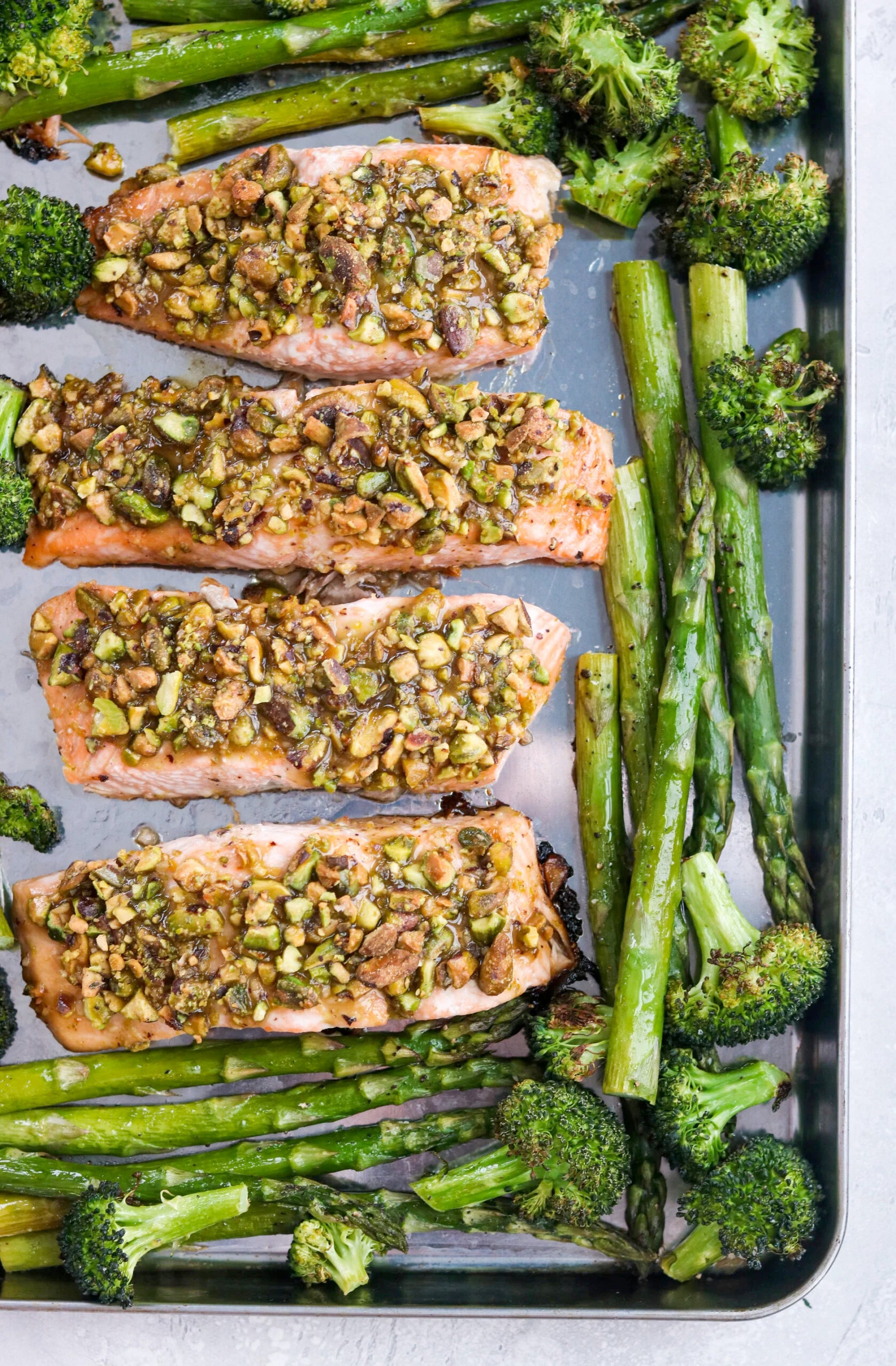 Maple Dijon Pistachio Crusted Salmon with Spring Veggies