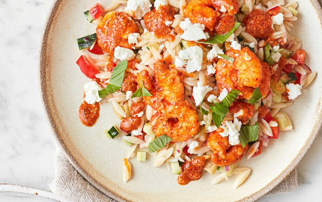 ’Nduja Prawns with Orzo, Feta and Olive Salad